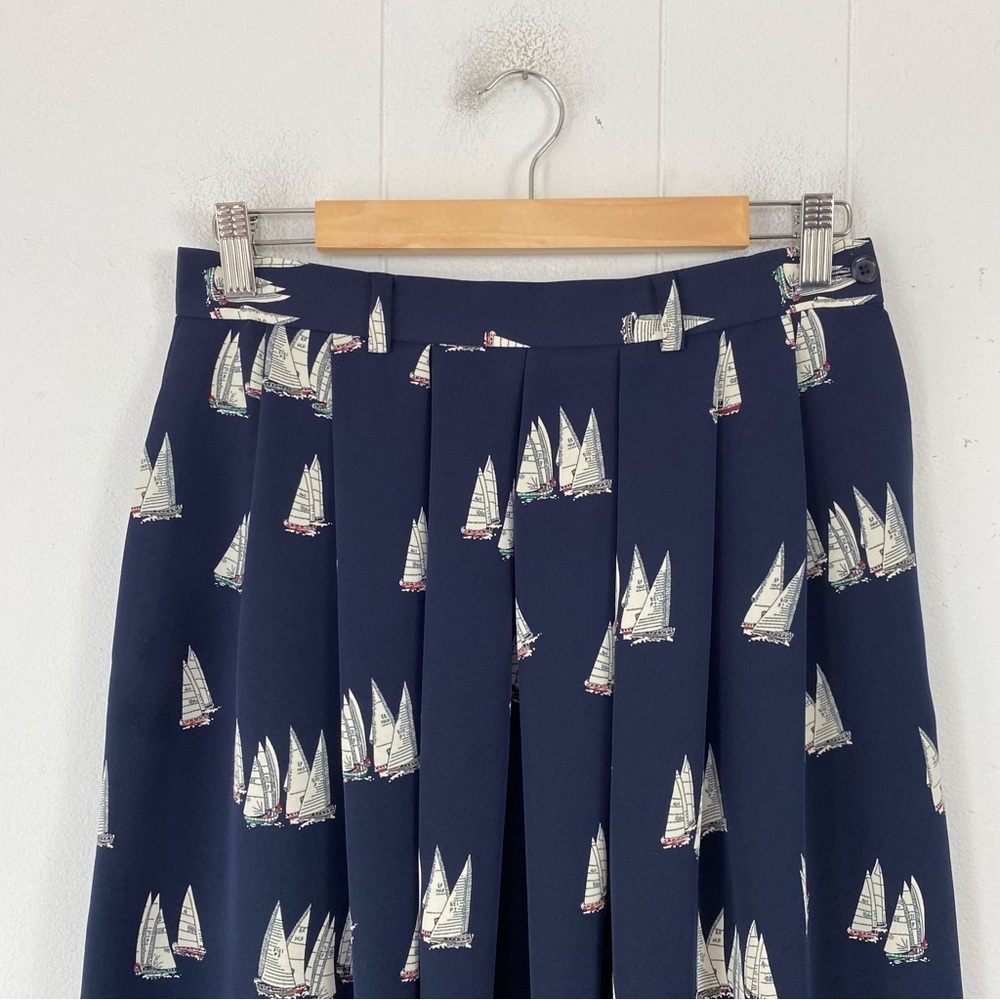 J.G. Hook Womens Midi Skirt 29” W Navy White Sailboat Pleated Nautical Pockets * - Picture 2 of 16